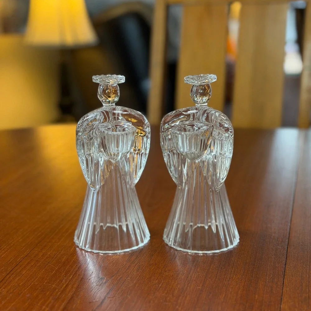 TWO VTG  Clear Glass Praying Angel Taper Candle Holders Ribbed Base Christmas